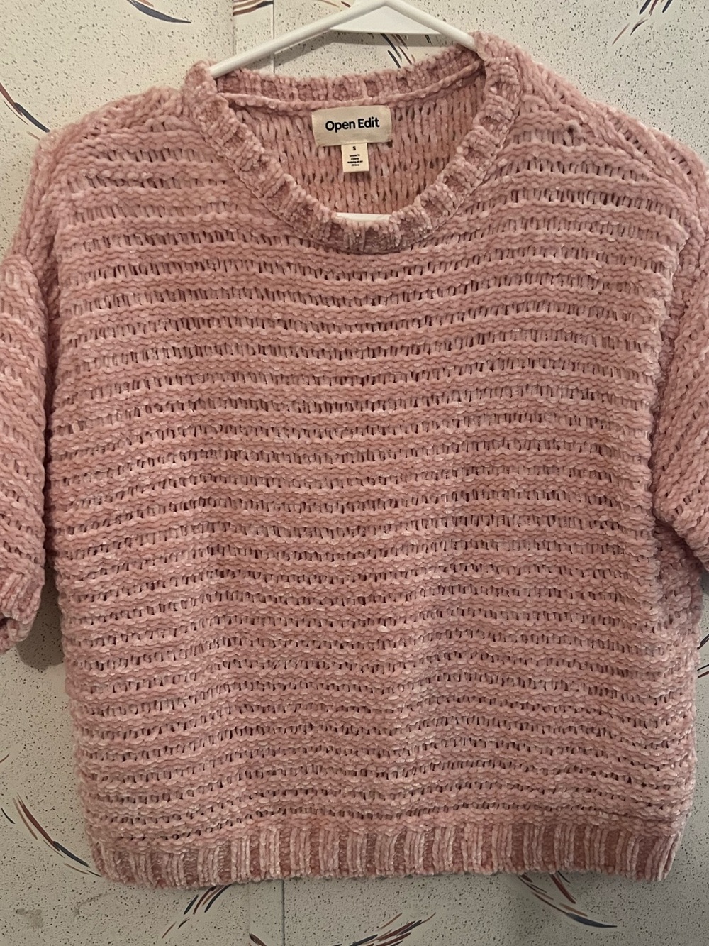 Open Edit Women’s Small Dusty Pink Chenille Short Sleeve Sweater